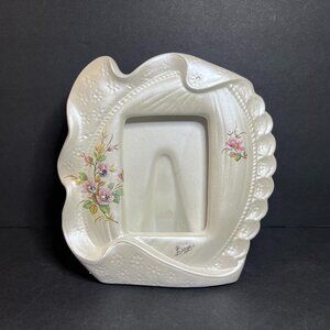 Vintage Berger White Ceramic Floral Print & Rhinestone Photo Picture Frame